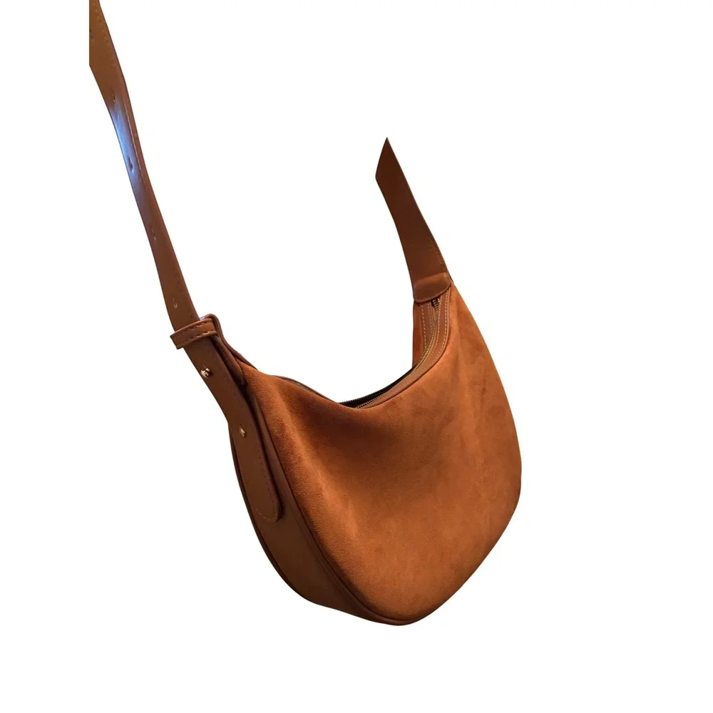 Cognac Brown Suede Crescent Hobo Bag Adjustable Strap Gold Hardware